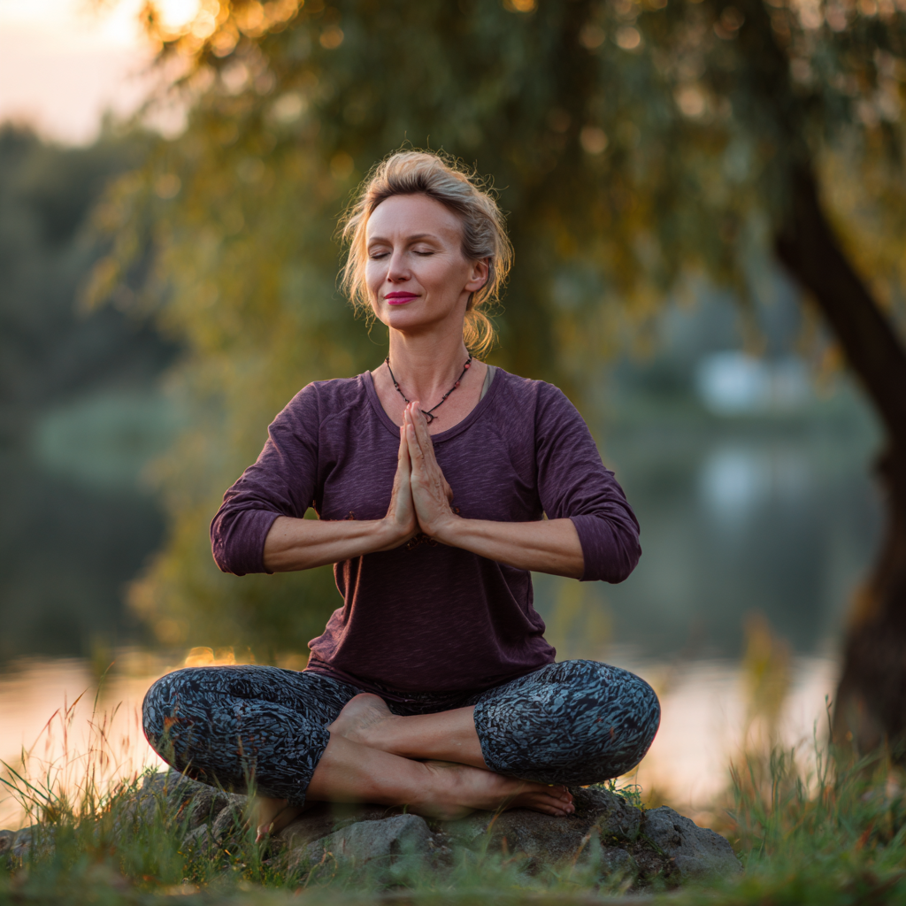 Smiling Ukrainian woman in her 40s practicing yoga outdoors, demonstrating a peaceful warrior pose with mountains in background